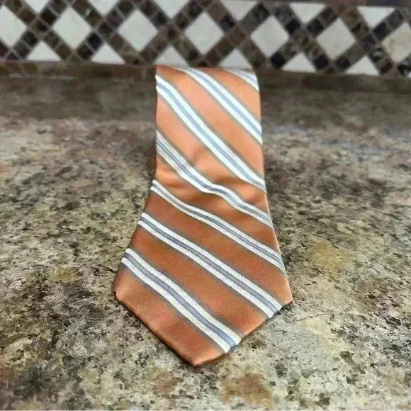Calvin Klein 100% Silk Necktie Orange Beige Striped Dress Tie Business - Picture 1 of 5
